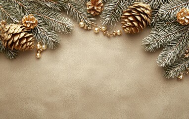 Elegant Christmas background with gold pine cones, frosted fir branches, and pearl beads on a beige textured surface. Perfect for holiday cards, invitations, or festive designs.