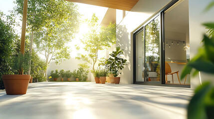 Moderne Terrasse mit Blick auf Essbereich durch offene Glasschiebetüren