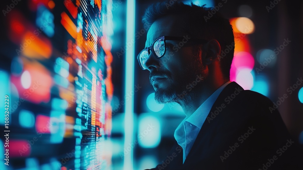 Poster thoughtful man analyzing data on digital screen with abstract colorful display at night, illuminated