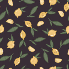 Lemon fruits and leafs seamless pattern on dark background.perfect for wrapping paper, textile, wallpaper
