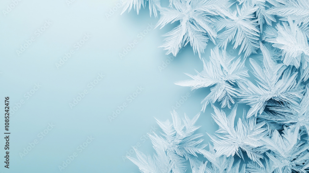 Poster delicate frost patterns create beautiful abstract background with icy leaves on soft blue surface, e