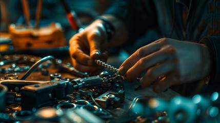 Hands assembling intricate machinery parts in workshop setting