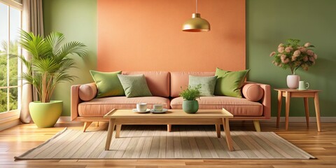 Minimalist Living Room Design: Stylish Wooden Coffee Table and Sofa in Peach, Apricot, and Light Green Tones for Modern Interior Decor Inspiration