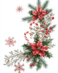 Christmas Floral Arrangement: A festive watercolor painting of poinsettias, holly, candy canes, and pine branches, adorned with delicate snowflakes. Perfect for holiday cards, invitations.