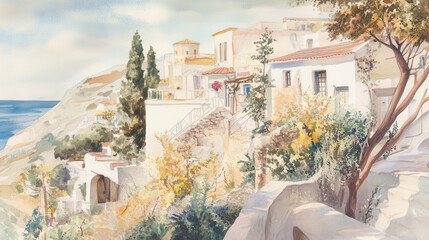 Vintage Watercolor of Greece Coastal Village