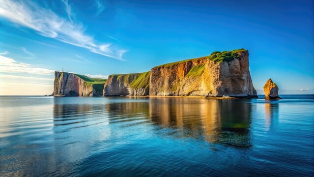 Minimalist Summer Landscape of Perce Rock in Quebec Canada with Clear Blue Skies, Vibrant Ocean, and Breathtaking Coastal Views for Nature Lovers and Travel Enthusiasts