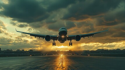 Naklejka premium An airplane landing during sunset, surrounded by dramatic clouds and city skyline.
