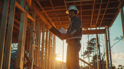 Construction site manager with clipboard at wooden framework during sunset