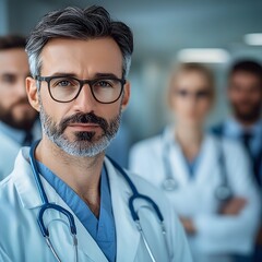 A confident male doctor in a white coat and glasses, standing in a medical environment with colleagues in the background.