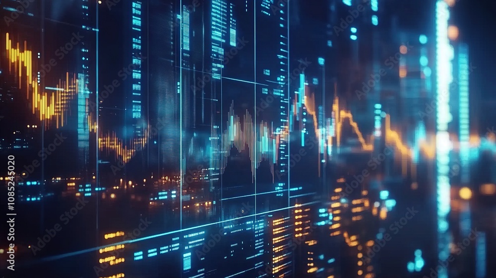 Poster abstract financial data visualization with colorful graphs and indicators representing market trends