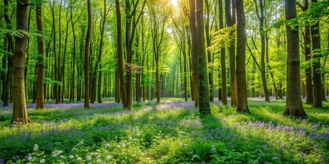 Obraz premium A lush green forest with tall trees and a carpet of wildflowers surrounding them, landscape, forest, foliage