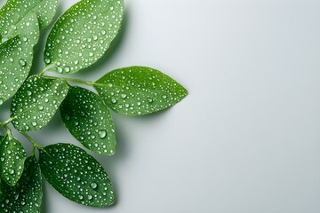 Fototapeta premium Fresh Green Leaves with Water Droplets Symbolizing Nature's Serenity and Vibrancy on a Calm Background