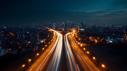 Stunning Aerial View of a Modern City at Night with Bright Lights Illuminating the Urban Landscape, Capturing the Vibrant Energy of City Life