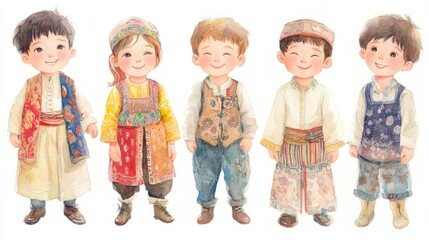Joyful Kids in Traditional Clothing on White Background
