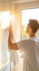 Helles Badezimmer mit weißen Handtüchern im Sonnenlicht und einem jungen Mann, der ein Handtuch aufhängt.