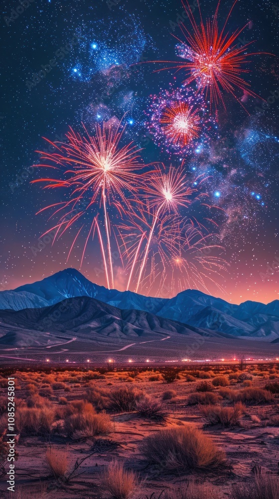 Poster fireworks explode over a mountain range under a starry sky.