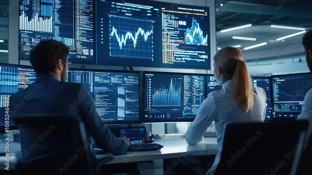 Poster business professionals analyzing data on multiple computer screens in a modern office environment, f
