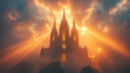 Fototapeta premium Majestic Gothic cathedral bathed in golden sunrise light, shrouded in mystical fog.