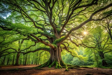 Naklejka premium A massive ancient tree stands alone in the heart of a forest, woods, ancient tree, forest, solitary, nature