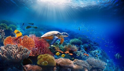 Fototapeta premium Tropical sea underwater fishes on coral reef. oceanarium wildlife colorful marine panorama landscape nature snorkel diving