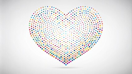 A minimalist design featuring a simple heart shape made up of tiny dots in various sizes and colors on a plain white background, modernist aesthetic, monochromatic color scheme