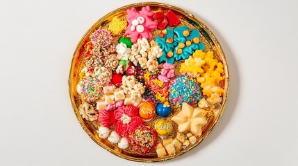 Fototapeta premium Vibrant Sweets on Gold Plate with Colorful Decorations