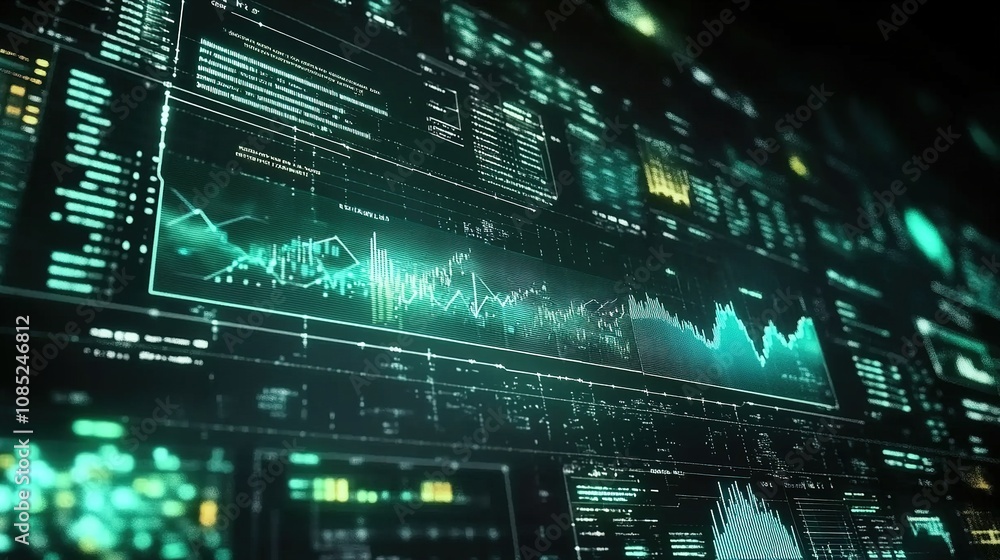 Poster abstract technology background with data visualization and digital landscape featuring graphs and in