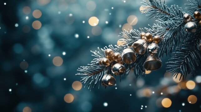 Winter garland with silver bells and bokeh on midnight blue backdrop