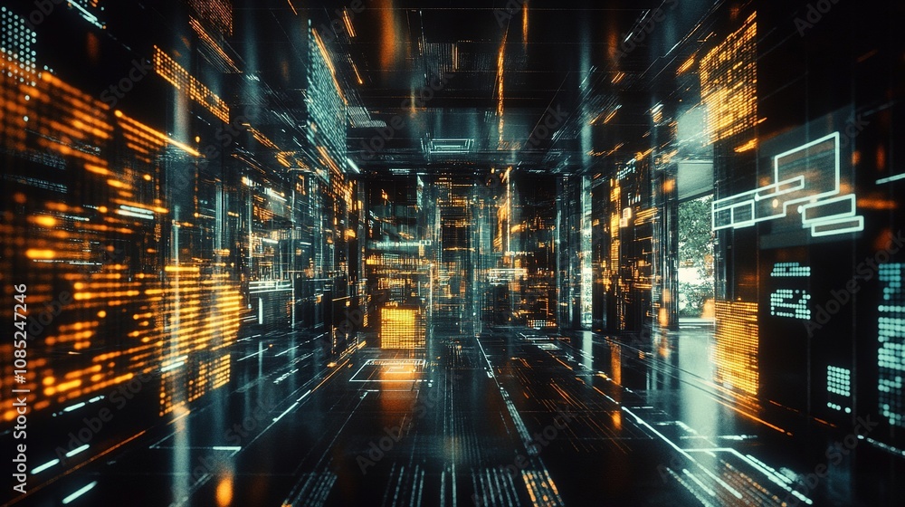 Poster Futuristic Data Center with Glowing Lines and Digital Patterns Creating a High-Tech Environment for Technology and Innovation Concepts