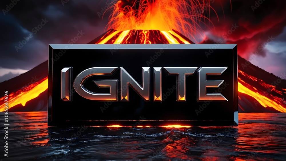 Poster 3D metallic 'IGNITE' text on dark background with erupting volcano.