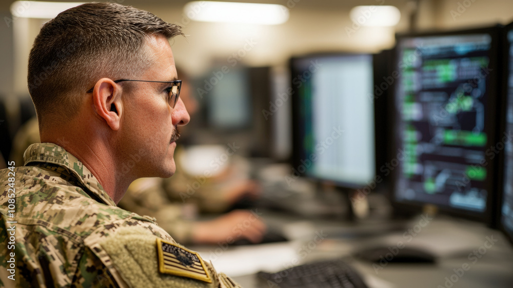 Aufkleber a military personnel focused on multiple computer screens, analyzing data and monitoring operations 