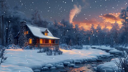 Cozy cabin in the woods, smoke rising from the chimney on a winter day