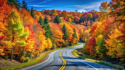 Fototapeta premium A scenic highway with a winding road, lined with tall trees and colorful fall foliage, set against a clear blue sky, trees, highway, scenic view, fall foliage, winding road
