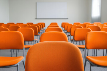 A modern classroom arrangement showcasing orange chairs with a whiteboard in the background, ready for learning or meetings.