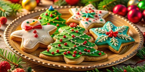 Fototapeta premium Vibrant 1950s Christmas Cookies Close Up - Macro Photography of Colorful Holiday Treats, Festive Decor, Vintage Baking, Sweet Desserts, Christmas Cheer, and Nostalgic Flavors