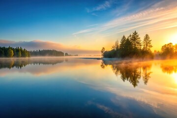 Fototapeta premium A serene lake at sunrise with misty fog surrounding the water's surface, natural, reflection