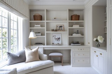 Elegant Home Office with Cozy Accents and Stylish Storage Solutions
