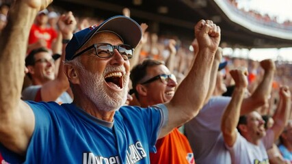 A group of mature men at a baseball game, cheering and celebrating together, showcasing their lifelong passion for sports - Powered by Adobe