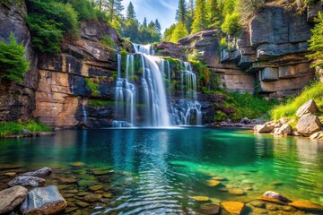 A serene waterfall cascading down a rocky cliffside into a crystal clear lake, outdoors, calm, water, waterfall, lake