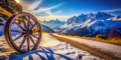 Fototapeta premium Wheel on Snowy Mountain Path: Stunning Product Photography for Outdoor Adventures, All-Terrain Wheels, Winter Gear, Scenic Landscapes, Adventure Equipment, Nature Exploration, and Travel Essentials