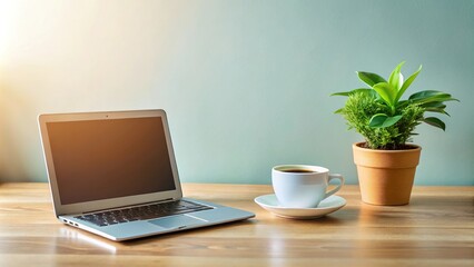A small potted plant on a desk with a laptop and a cup of coffee, office decor, plants, coffee break