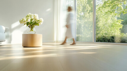 Heller Wohnraum mit minimalistischer Einrichtung und Blumen, mit einer unscharfen Frau im Hintergrund. 