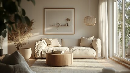 Fototapeta premium Cozy, minimalist living room with natural light and soft decor.