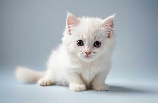 A fluffy white kitten with bright blue eyes sits against a soft blue background, exuding innocence and cuteness. - Powered by Adobe
