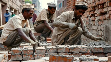 Bricklayers working on a building site in India