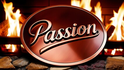 A copper medallion with the word "Passion" rests before a roaring fireplace, symbolizing warmth and intensity.