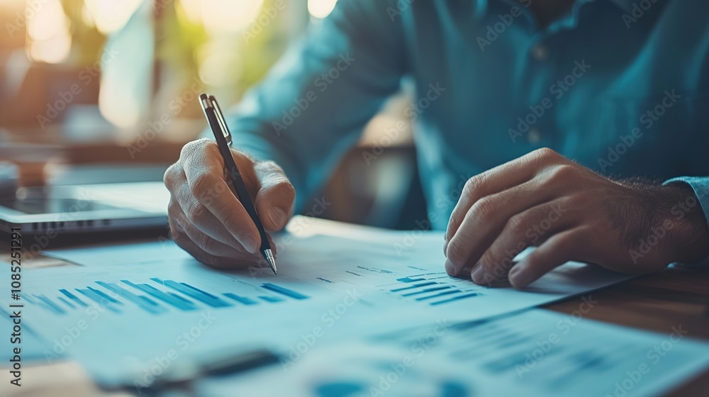 Poster professional man analyzing financial data in a contemporary workspace while taking notes on printed 