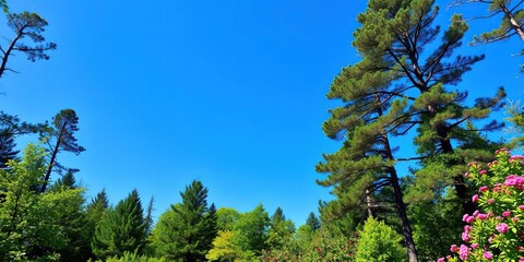 Fototapeta premium A vibrant forest full of lush green trees and colorful flowers under a clear blue sky, forest, blue
