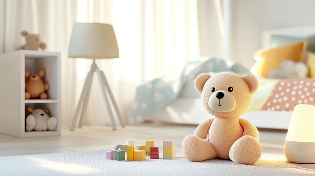 Kinderzimmer mit leuchtender Nachtlampe, Spielzeug und Teddyb&auml;r
