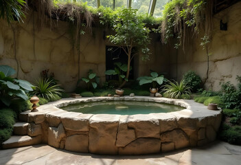 Obraz premium serene indoor garden featuring circular stone pool surrounded by lush greenery and plants. tranquil atmosphere invites relaxation and peace